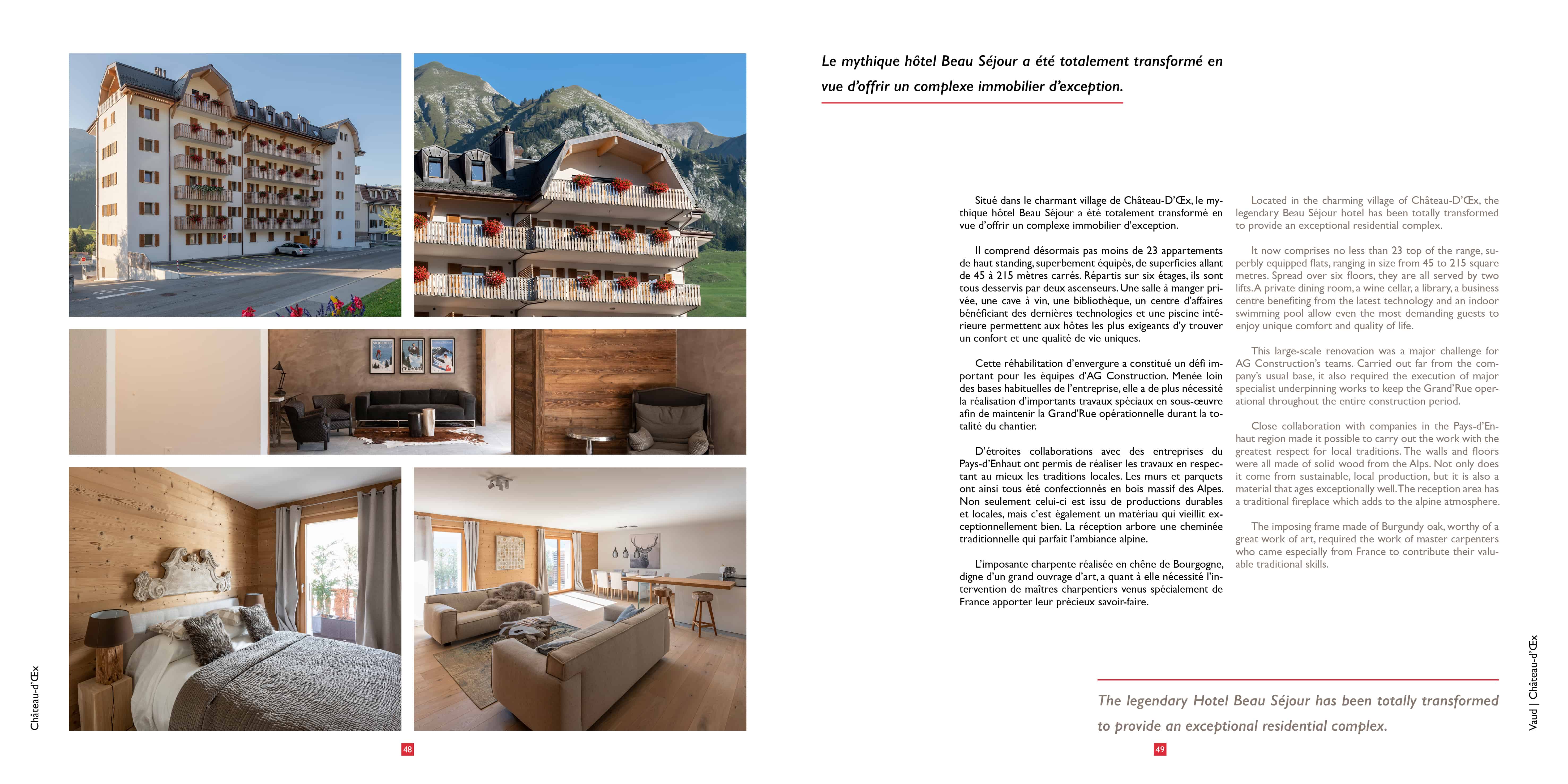 Double page éditoriale consacrée à l’hôtel Beau Séjour à Château-d’Œx